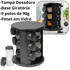 Porta Temperos Condimentos Giratório 6 e 9 Potes Vidro 90G com Tampa Dosadora Preto + Etiquetas Adesivas