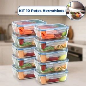 Kit Pote de Vidro Hermético Retangular 10 / 5 Unid Travas Marmita Fit Microondas Mantimentos